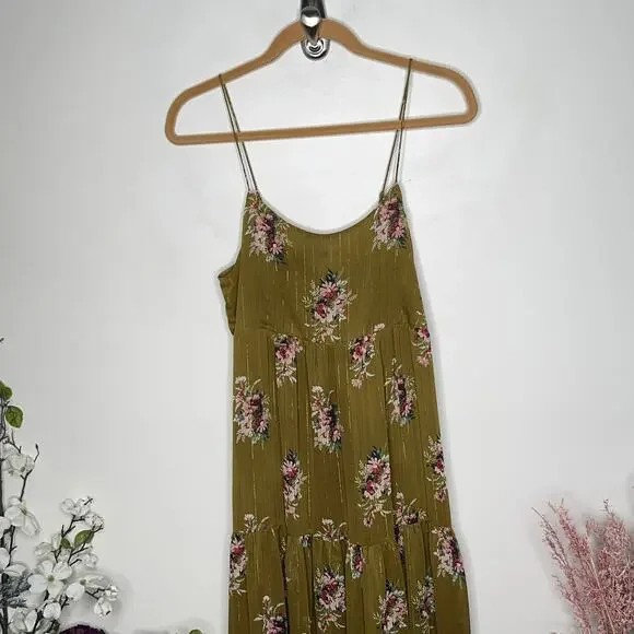 MADEWELL Cami Tier Midi Dress Metallic Classic Floral Olive Green Sz 8 {S53}